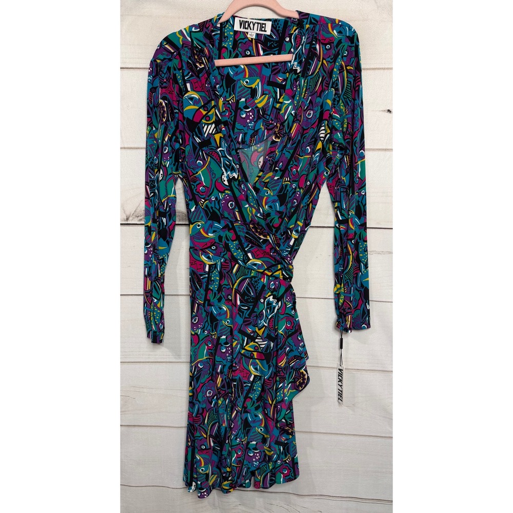 Vicky Tiel Wrap Dress Bold Abstract‎ Print Long Sleeve Size L